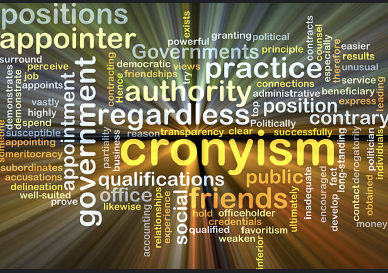 Word cloud centered on cronyism, surrounded by related terms including government, authority, friends, qualifications, favoritism, and meritocracy